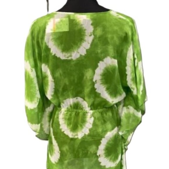 MICHAEL KORS Green & White Tie Dye Print Kimono Flowy Tunic Blouse NWT  $90.00 - Picture 2 of 4